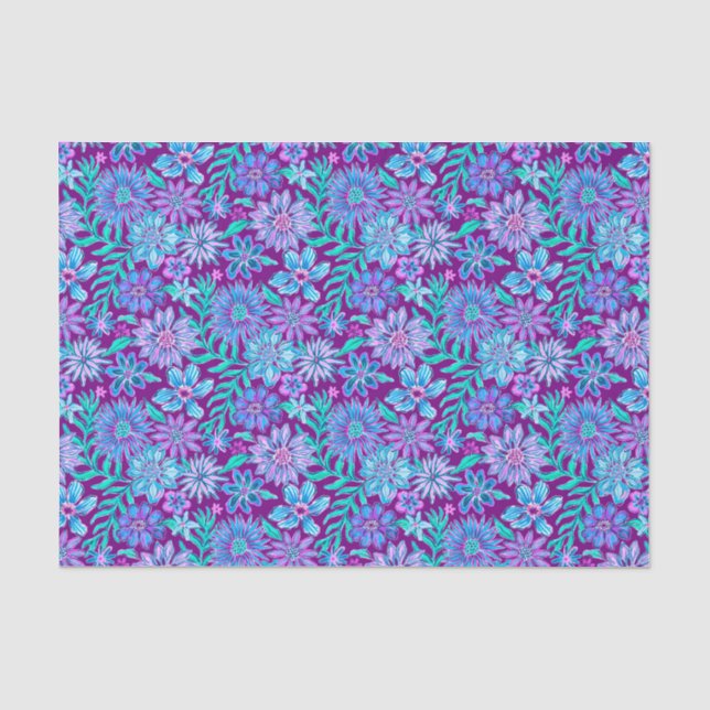 Preppy Palm Beach Print Purple & Blue Flowers Tissue Paper (Front)