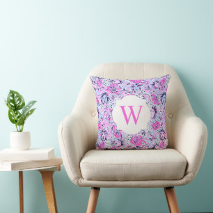 Preppy Palm Beach Print Purple Lions Monogram Throw Pillow