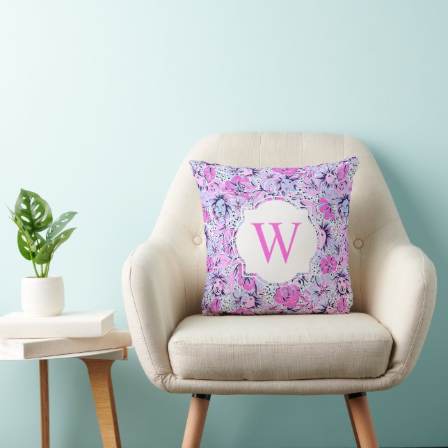 Preppy Palm Beach Print Purple Lions Monogram Throw Pillow (Chair)
