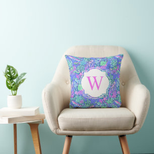 Preppy Palm Beach Print Sealife Monogram Throw Pillow