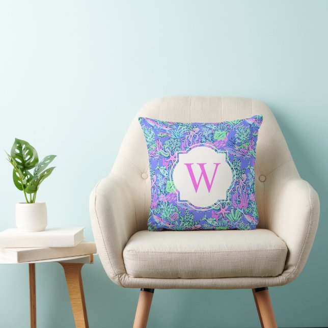 Preppy Palm Beach Print Sealife Monogram Throw Pillow (Chair)