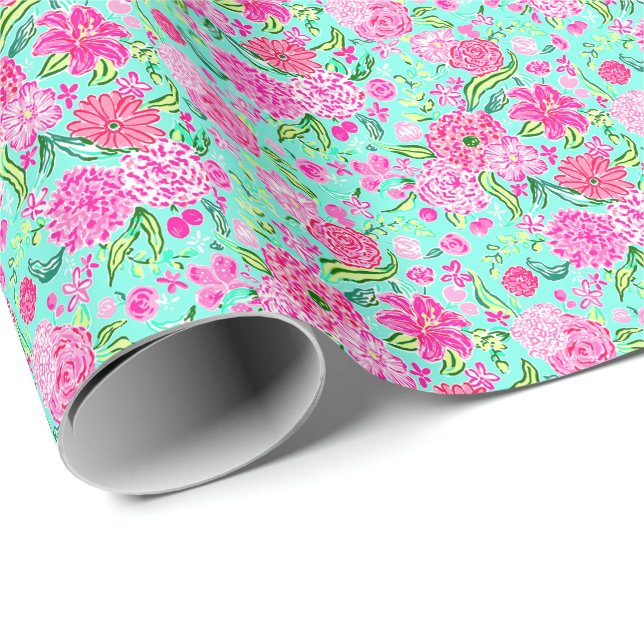 Preppy Palm Beach Print Teal with Pink Flowers Wrapping Paper (Roll Corner)