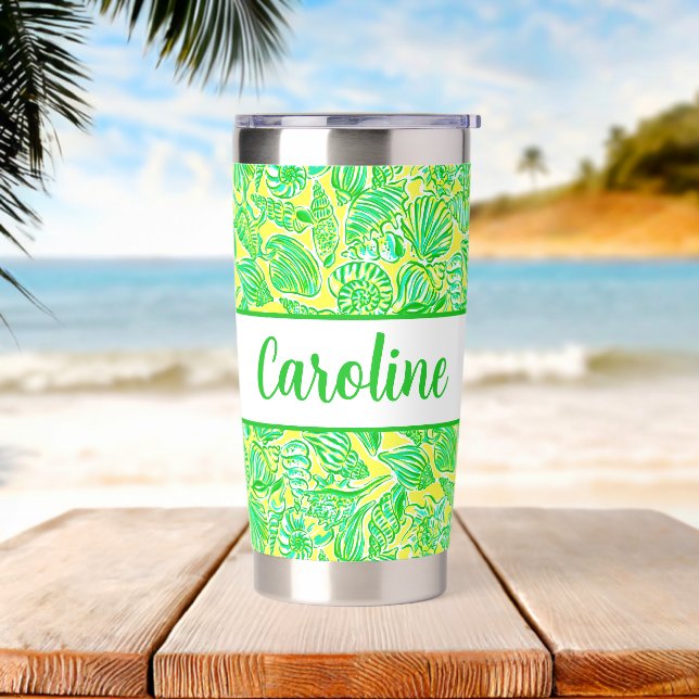 Preppy Palm Beach Print Yellow and Green Seashells Insulated Tumbler (Beach)