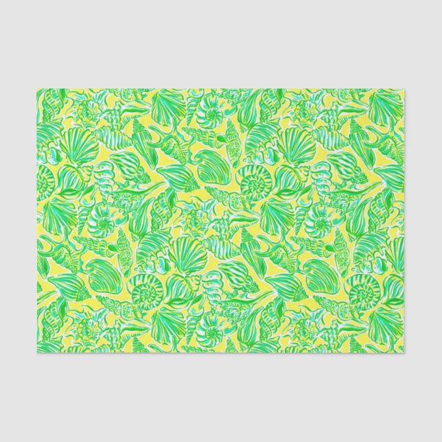 Preppy Palm Beach Print Yellow & Green Seashells Tissue Paper (Front)