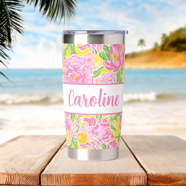 Preppy Palm Beach Print Yellow & Pink Flowers Insulated Tumbler (Beach)