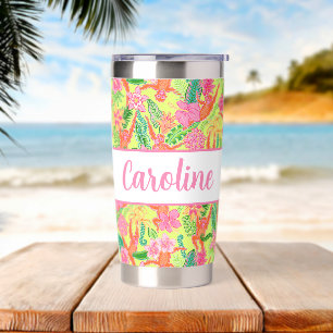 Preppy Palm Beach Print Yellow Pink Jungle Monkeys Insulated Tumbler