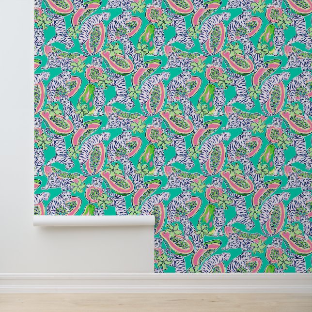 Preppy Palm Beach Teal Tigers & Papayas Wallpaper (Application)