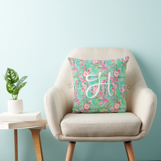Preppy Palm Beach Tropical Flowers Monogram Throw Pillow (Chair)