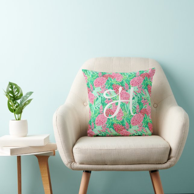 Preppy Palm Beach Tropical Flowers Monogram Throw Pillow (Chair)