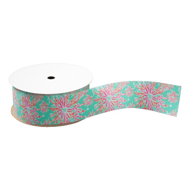 Preppy Palm Beach Tropical Flowers Pattern Grosgrain Ribbon (Spool)