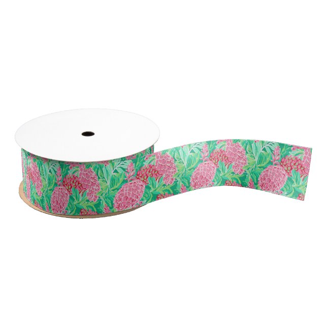 Preppy Palm Beach Tropical Flowers Pattern Grosgrain Ribbon (Spool)