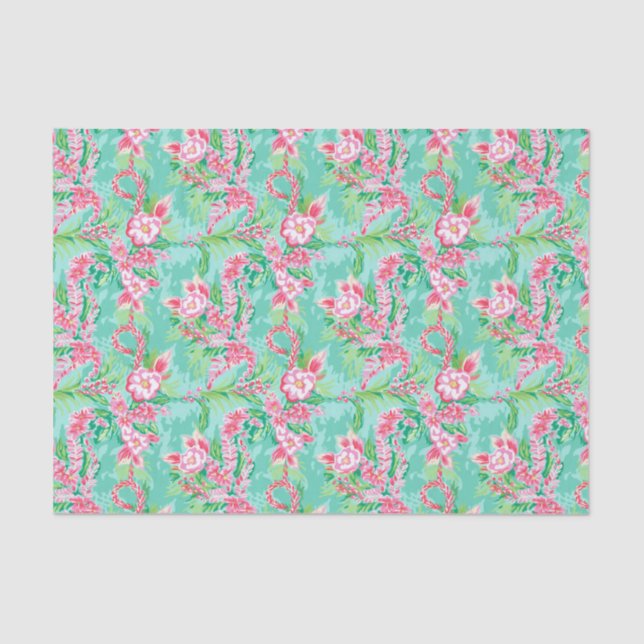 Preppy Palm Beach Tropical Flowers Pattern Tissue Paper (Front)