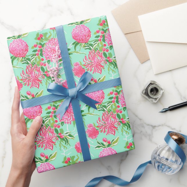 Preppy Palm Beach Tropical Flowers Pattern Wrapping Paper (Gifting)