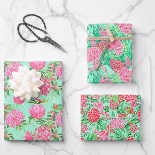 Preppy Palm Beach Tropical Flowers Pattern Wrapping Paper Sheets