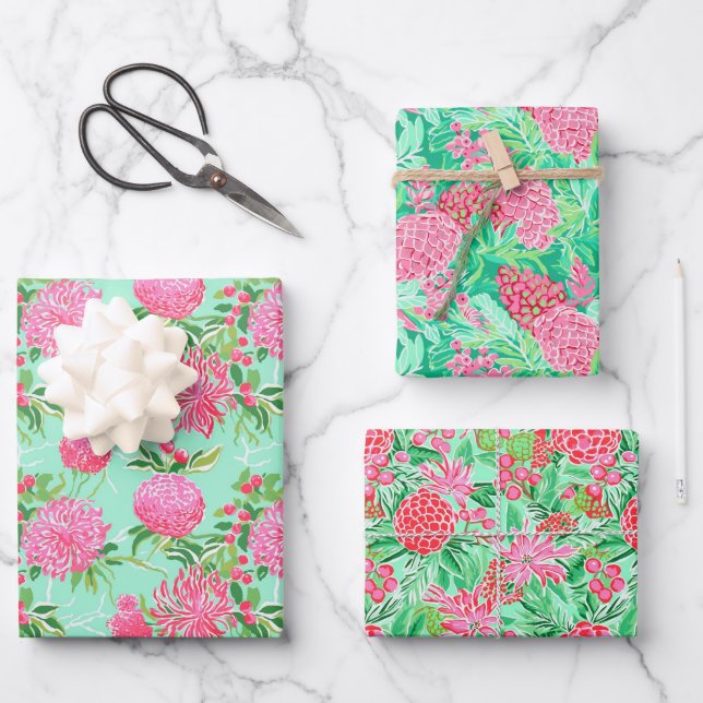 Preppy Palm Beach Tropical Flowers Pattern Wrapping Paper Sheets (Front)
