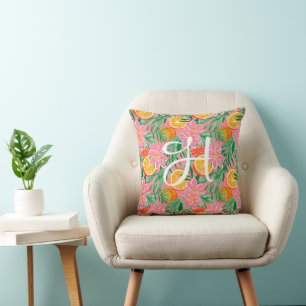 Preppy Palm Beach Tropical Oranges Monogram Throw Pillow