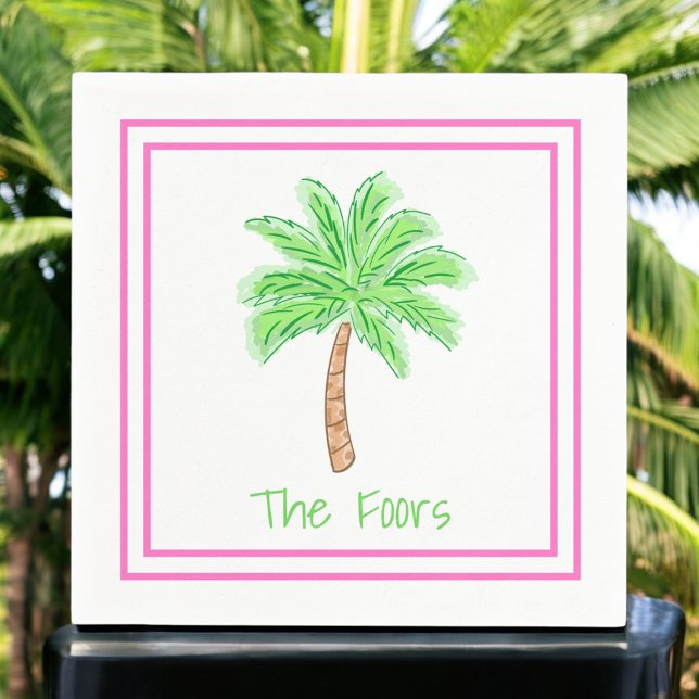 Preppy Palm Tree Personalized Border Lunch Dinner Napkins (Creator Uploaded)