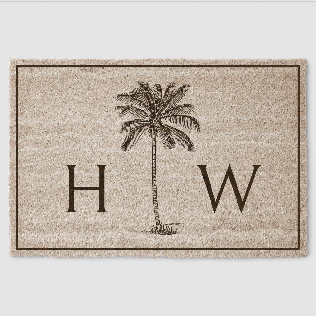 Preppy Palmetto Palm Tree Monogram Fiber Doormat (Front)