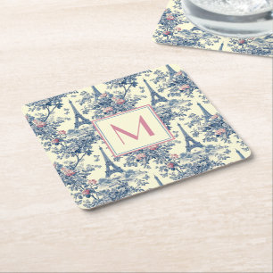 Preppy Paris Toile Pink and Blue Monogram Square Paper Coaster