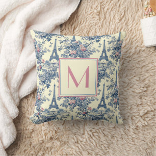Preppy Paris Toile Pink and Blue Monogram Throw Pillow