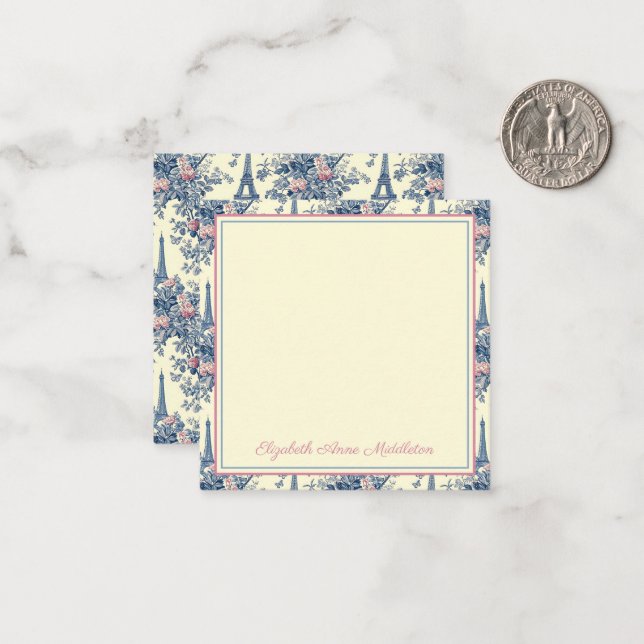 Preppy Paris Toile Pink and Blue Personalized Note Card (Front/Back In Situ)
