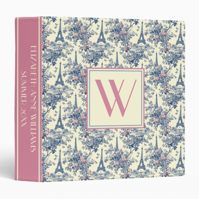 Preppy Parisian Toile Monogram 3 Ring Binder (Front/Spine)