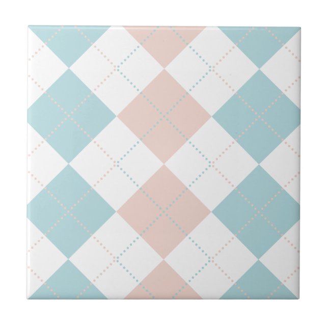 Preppy Pastel Blue and Pink Checker Patterns Ceramic Tile (Front)