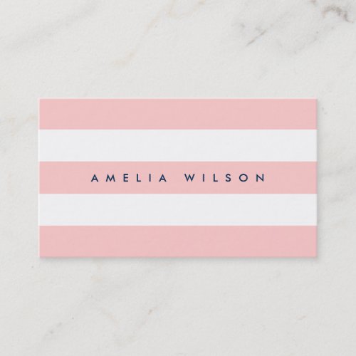 Preppy Pastel Coral Pink and White Stripes Blue Business Card