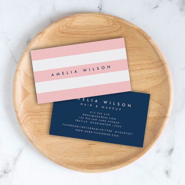 Preppy Pastel Coral Pink and White Stripes Blue Business Card (Creator Uploaded)