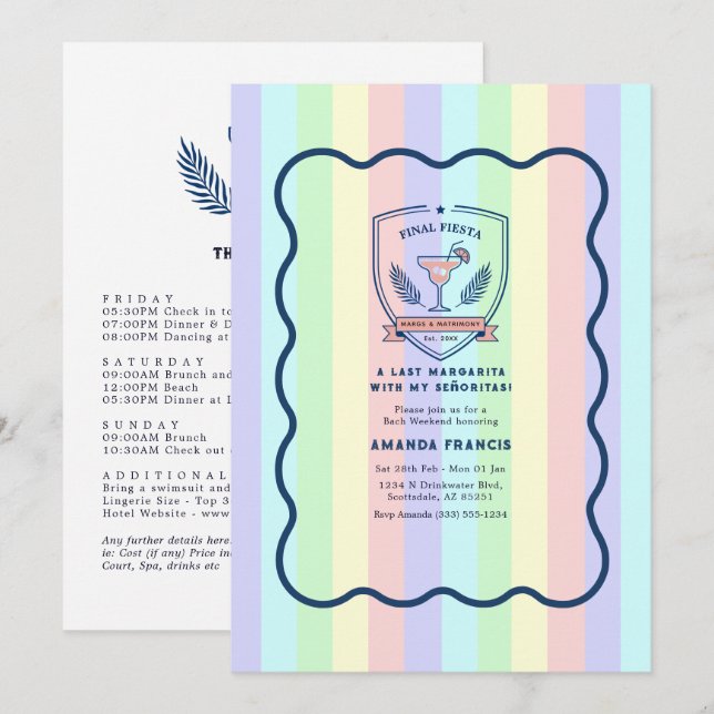 Preppy Pastel Last Margarita Bachelorette Weekend Invitation (Front/Back)