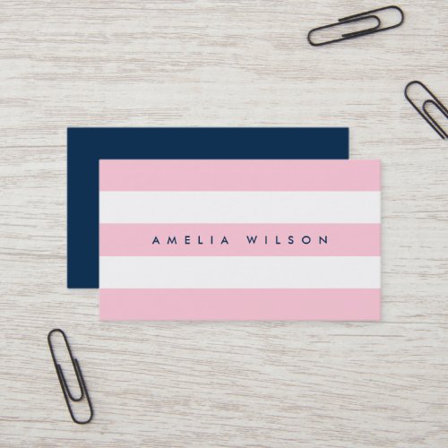 Preppy Pastel Pink and White Stripes Blue Business Card