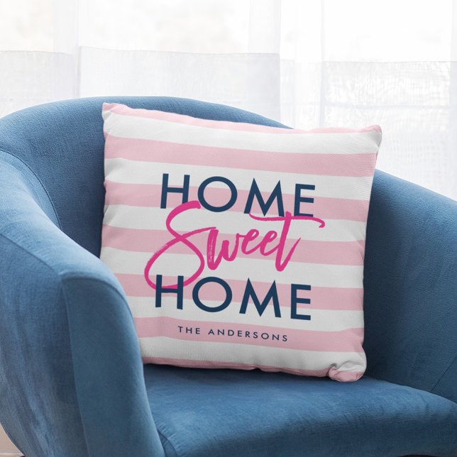 Preppy Pastel Pink & White Blue Home Sweet Home Throw Pillow (Creator Uploaded)