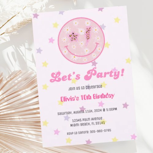 Preppy Pastel Pink Y2K Happy Face Party Birthday Invitation