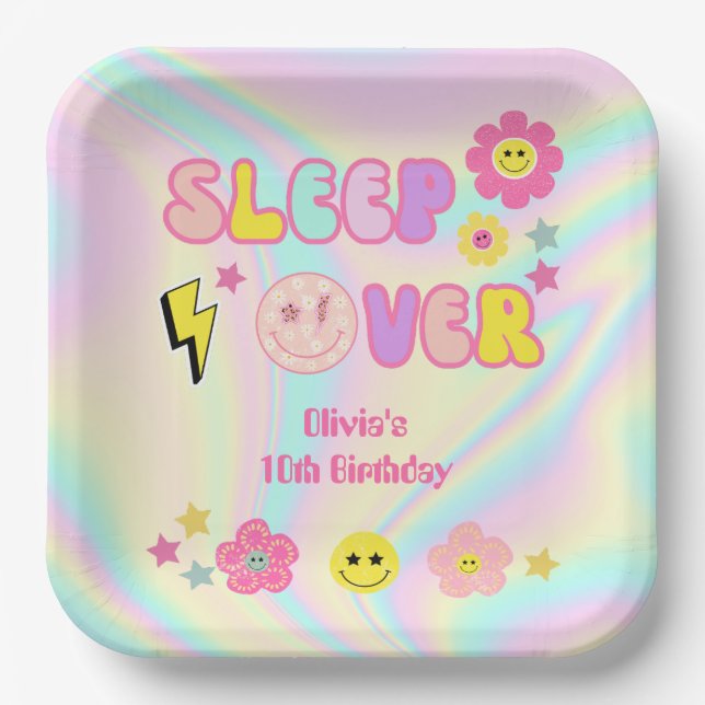 Preppy Pastel Pink Y2K Sleep Over Birthday Paper Plates (Front)