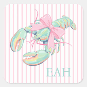 Preppy Pastel Watercolor Lobster Monogram Square Sticker