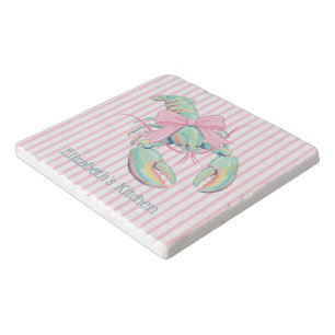 Preppy Pastel Watercolor Lobster on Stripes Marble Trivet