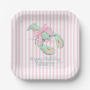 Preppy Pastel Watercolor Lobster on Stripes Paper Plates