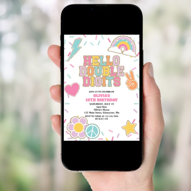 Preppy Patch Hello Double Digits 10th Birthday Invitation (Front Digital)