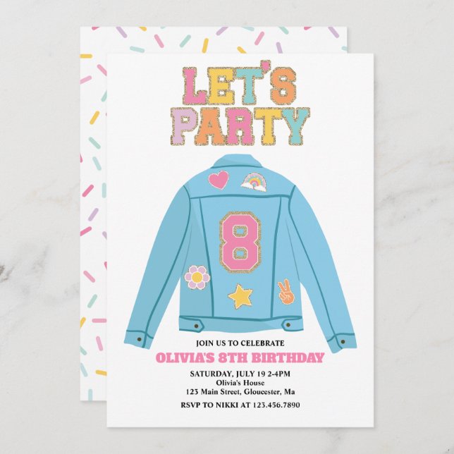 Preppy Patch jean jacket 8TH Birthday Invitation (Front/Back)