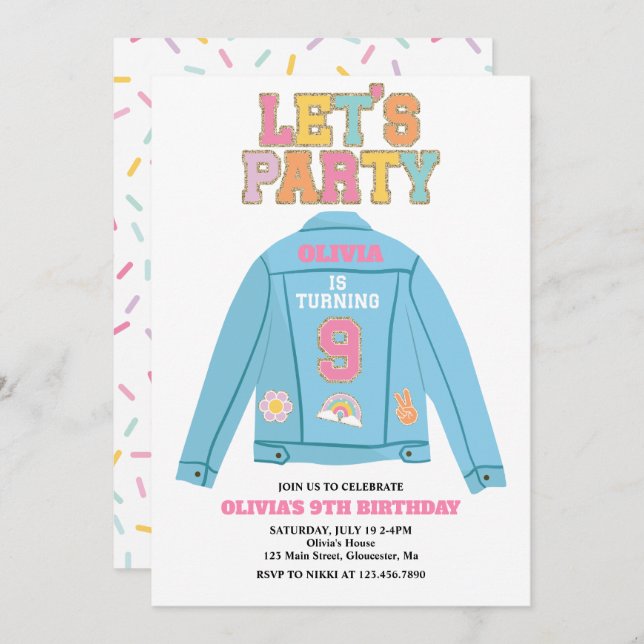 Preppy Patch jean jacket 9TH Birthday Invitation (Front/Back)