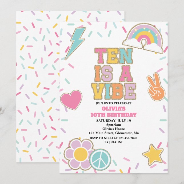 Preppy Patch Ten is a Vibe 10th Birthday Invitation (Front/Back)