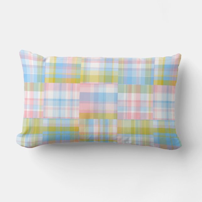 Preppy Patchwork Look Madras Pastel Lumbar Pillow (Front)