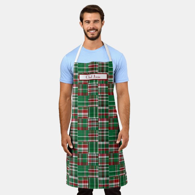 Preppy Patchwork Madras Deep Red Green White Apron (Worn)