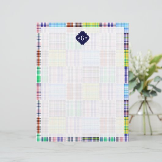 Preppy Patchwork Madras Navy Quatrefoil Monogram (Standing Front)