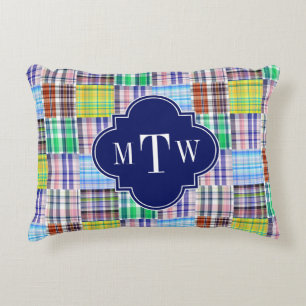 Preppy Patchwork Madras Navy Quatrefoil  Monogram Accent Pillow