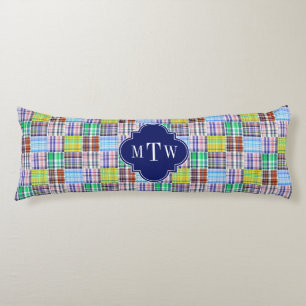 Preppy Patchwork Madras Navy Quatrefoil  Monogram Body Pillow
