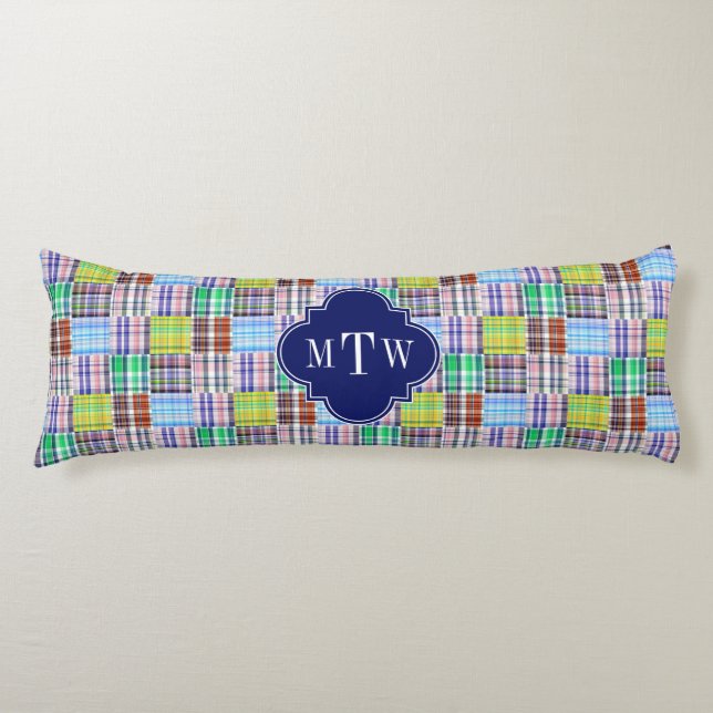 Preppy Patchwork Madras Navy Quatrefoil  Monogram Body Pillow (Front)