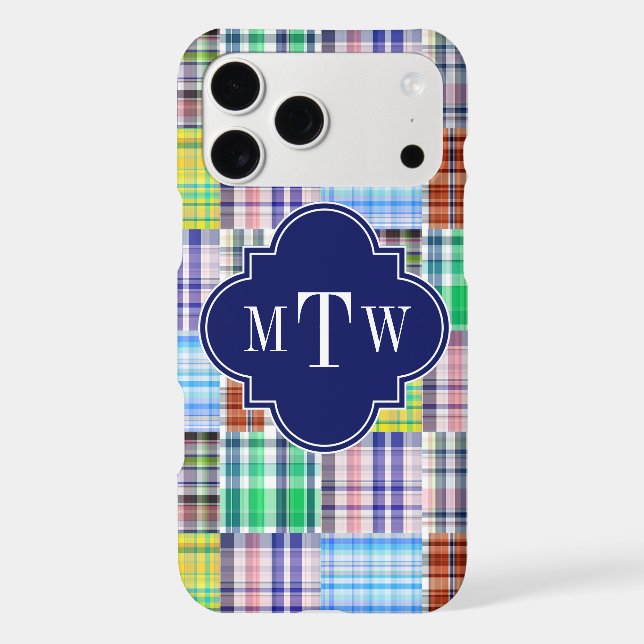 Preppy Patchwork Madras Navy Quatrefoil  Monogram Case-Mate iPhone Case (Back)