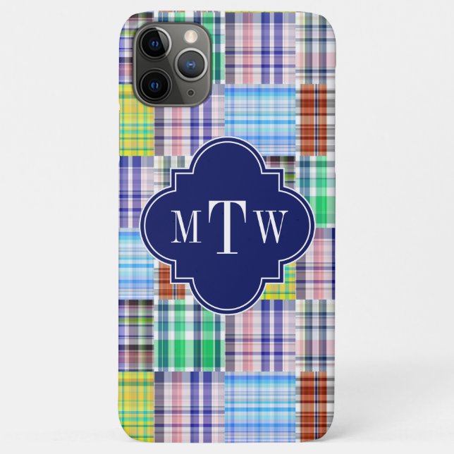 Preppy Patchwork Madras Navy Quatrefoil  Monogram Case-Mate iPhone Case (Back)