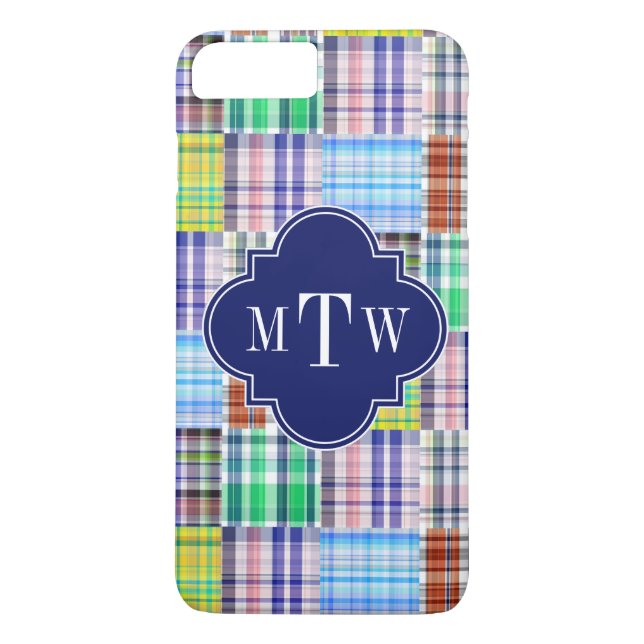 Preppy Patchwork Madras Navy Quatrefoil Monogram Case-Mate iPhone Case (Back)